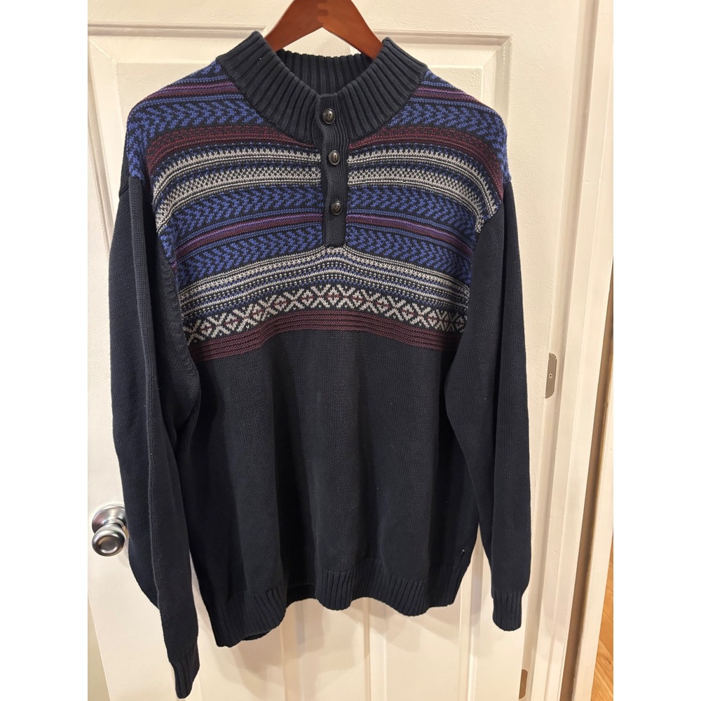 Chaps Mens Navy Blue Fair Isle Mock Neck 3-Button Pullover Sweater 3XT Big Tall